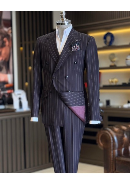 İtalyan Stil Kruvaze Çizgili Ceket Pantolon Takım Elbise Kahverengi T12898