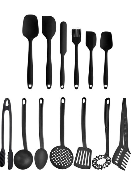 Siyah 13 Parçalık Silikon ve Teflon Plastik Spatula Seti - Yüksek Isıya Dayanıklı ve Yapışmaz Silik