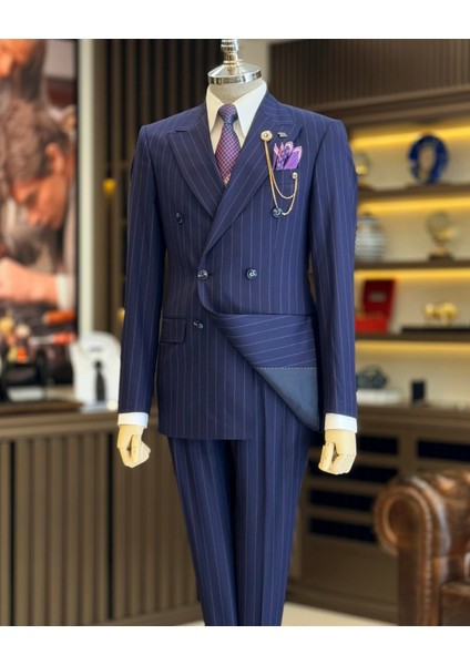 İtalyan Stil Kruvaze Çizgili Ceket Pantolon Takım Elbise Lacivert T12903