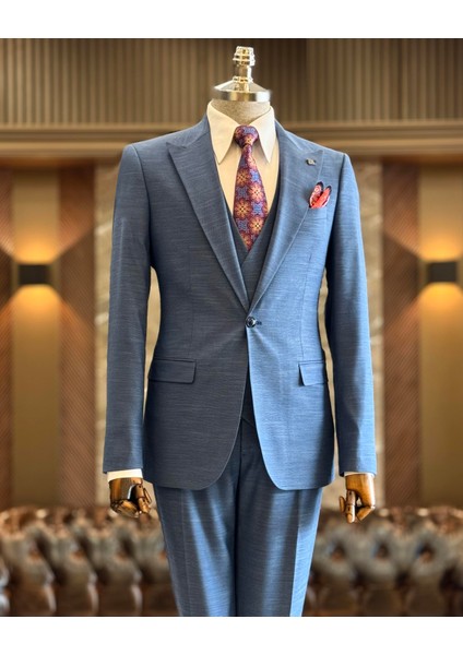 İtalyan Stil Ceket Yelek Pantolon Takım Elbise Mavi T12857