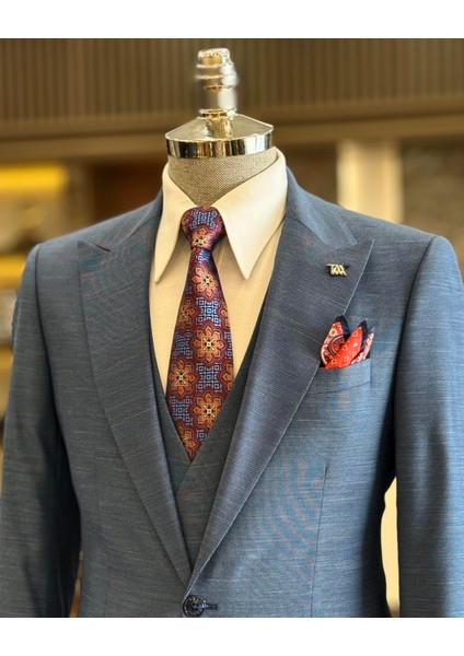İtalyan Stil Ceket Yelek Pantolon Takım Elbise Mavi T12857