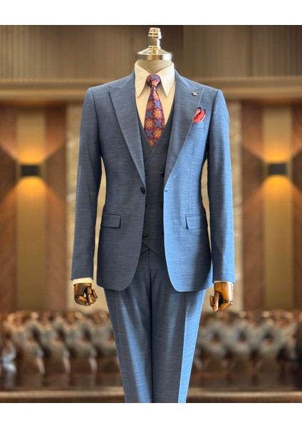 İtalyan Stil Ceket Yelek Pantolon Takım Elbise Mavi T12857