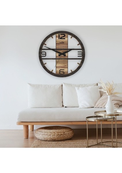 Modern kahverengi yuvarlak ahşap duvar saati ve müzik enstrümanı seti