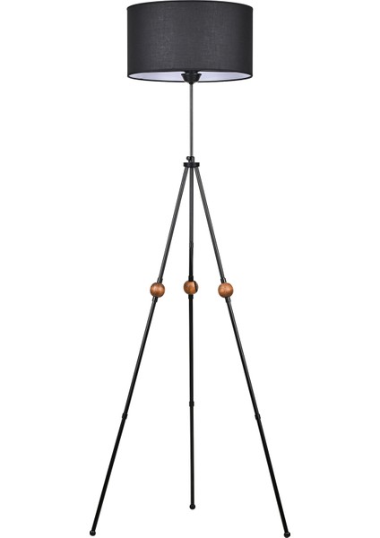 Safir Light Ahşap Detaylı Tripod Lambader - Siyah - 160X38X38 cm