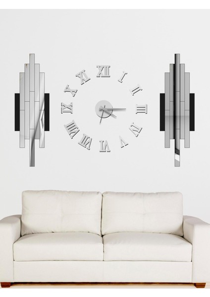 3D Roma Rakamlı Saat ve Çubuklarla Dekorasyon, Aynalı Akrilik Parça 14x30 Gümüş