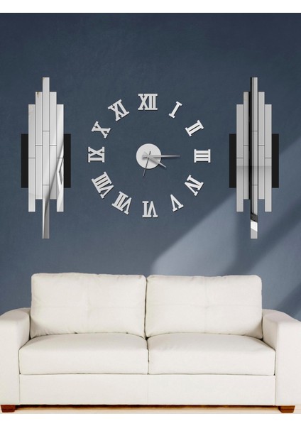 3D Roma Rakamlı Saat ve Çubuklarla Dekorasyon, Aynalı Akrilik Parça 14x30 Gümüş fiyatları