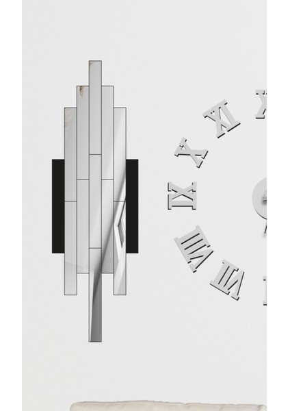 3D Roma Rakamlı Saat ve Çubuklarla Dekorasyon, Aynalı Akrilik Parça 14x30 Gümüş modelleri