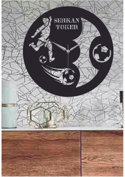 Futbol Temalı Ahşap Duvar Saati, Kişisel Dekor, Siyah, 50x50, Materyal: Ahşap