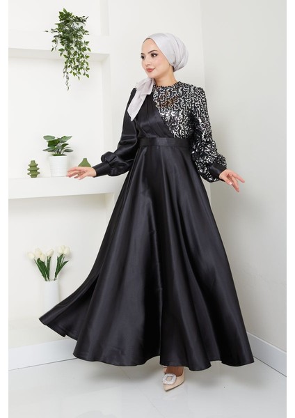 Kadın Moda Giyim Tesettür Abiye Pul Saten Elbise 2755