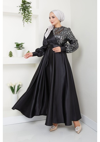 Kadın Moda Giyim Tesettür Abiye Pul Saten Elbise 2755