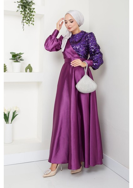 Kadın Moda Giyim Tesettür Abiye Pul Saten Elbise 2755