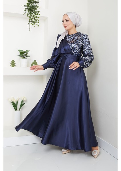 Kadın Moda Giyim Tesettür Abiye Pul Saten Elbise 2755
