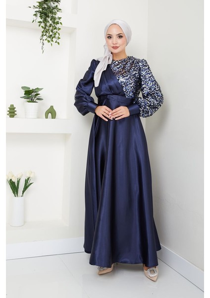 Kadın Moda Giyim Tesettür Abiye Pul Saten Elbise 2755