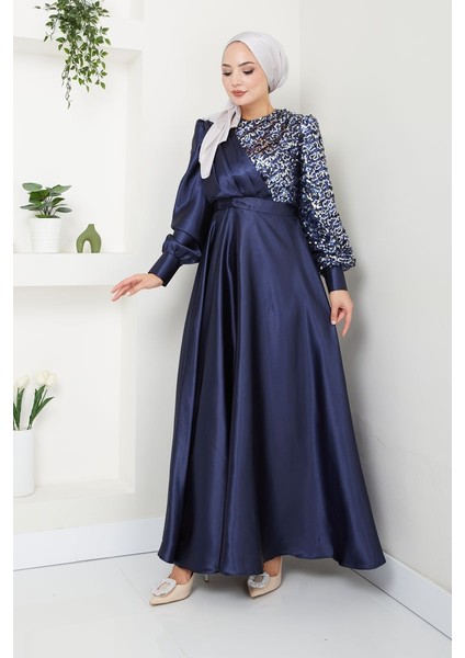 Kadın Moda Giyim Tesettür Abiye Pul Saten Elbise 2755