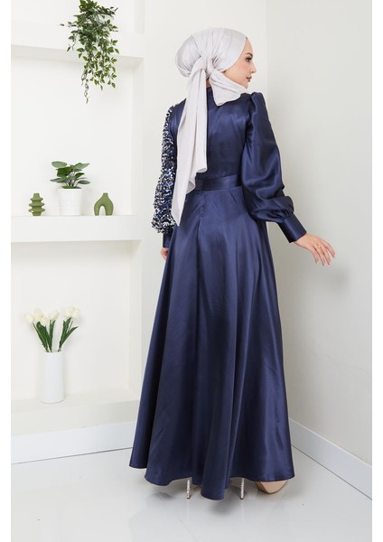 Kadın Moda Giyim Tesettür Abiye Pul Saten Elbise 2755