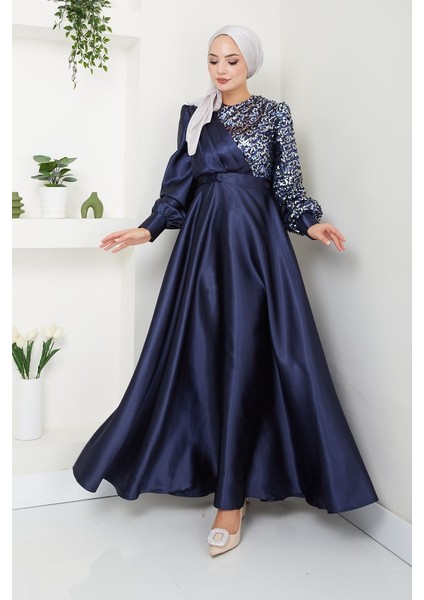 Kadın Moda Giyim Tesettür Abiye Pul Saten Elbise 2755