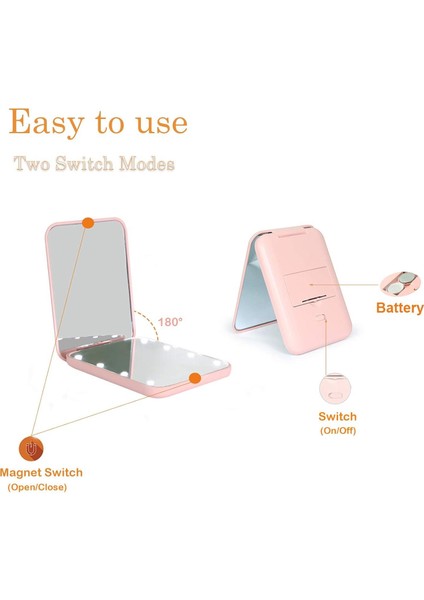 8 LED Işıklı Cep Çanta Cüzdan Makyaj Aynası - 1x 3x Yakınlaştırma - Zarif ve Hafif Tasarım - Katlanabilir Ayna Pembe