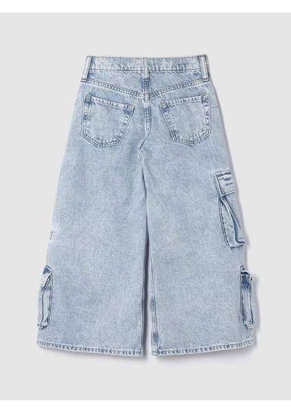 Kız Çocuk Açık Mavi Mid Rise Double Kargo Baggy Jean Pantolon