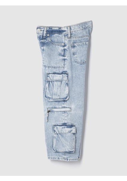 Kız Çocuk Açık Mavi Mid Rise Double Kargo Baggy Jean Pantolon
