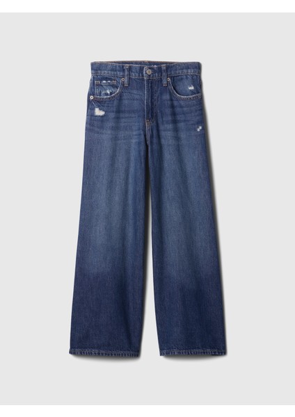 Kız Çocuk Koyu Mavi Mid Rise Baggy Jean Pantolon