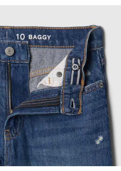 Kız Çocuk Koyu Mavi Mid Rise Baggy Jean Pantolon