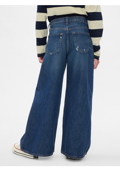 Kız Çocuk Koyu Mavi Mid Rise Baggy Jean Pantolon