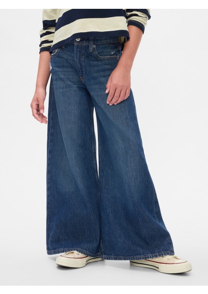 Kız Çocuk Koyu Mavi Mid Rise Baggy Jean Pantolon