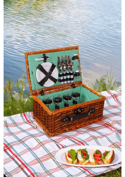 Picno Italy 4 Kişilik Hasır, Yeşil Astarlı, Aksesuar Sepeti İle Taşınabilir Piknik Sepeti