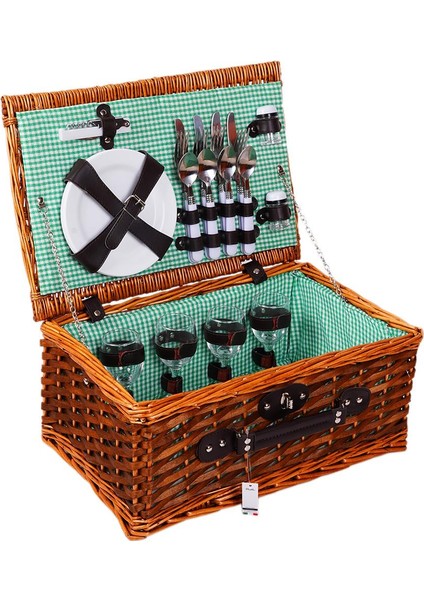 Picno Italy 4 Kişilik Hasır, Yeşil Astarlı, Aksesuar Sepeti İle Taşınabilir Piknik Sepeti fırsatları