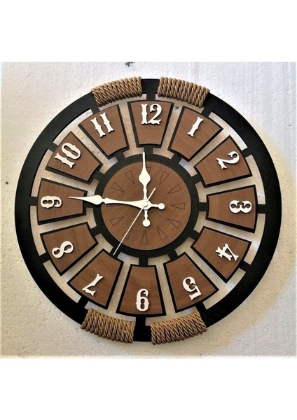 Ahşap duvar saati, hasır halat detaylarıyla şık ve doğal tasarım, 30x30, siyah ve geometrik