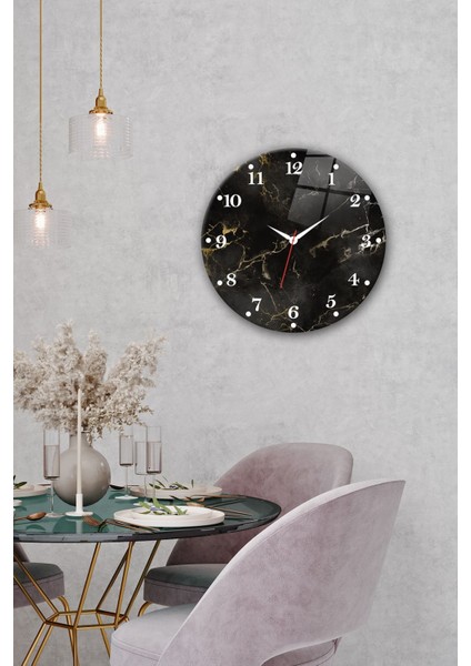 Şık Siyah Mermer Cam Saat, 40 cm çap, modern ve zarif tasarım