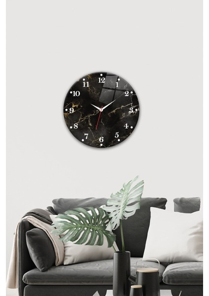 Şık Siyah Mermer Cam Saat, 40 cm çap, modern ve zarif tasarım fiyatları
