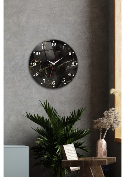 Şık Siyah Mermer Cam Saat, 40 cm çap, modern ve zarif tasarım modelleri