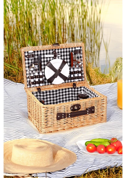 Picno Italy 4 Kişilik Hasır, Siyah Astarlı, Aksesuar Sepeti İle Taşınabilir Piknik Sepeti