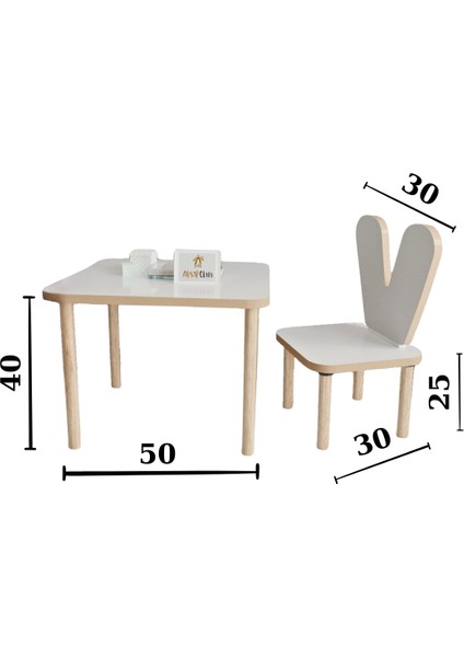 Ahşap Okulu Oyun Aktivite Masası - Etkinlik Masası - Çocuk Ders Çalışma Masası-Çocuk Kare Masa 50 x 50 ve 1 Adet Tavşan Sandalye