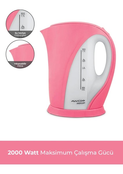 Mercan Kettle Pembe, Mercan Kettle 1,7 Litre Su Isıtıcısı 2000 W