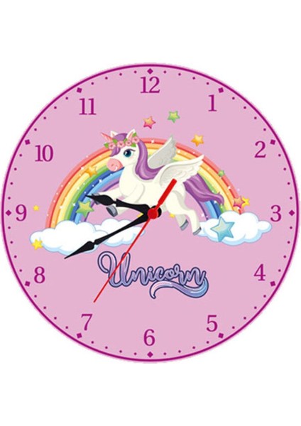 Sevimli çocuk odası yuvarlak saat, pembe unicorn tasarımıyla şık ve eğlenceli