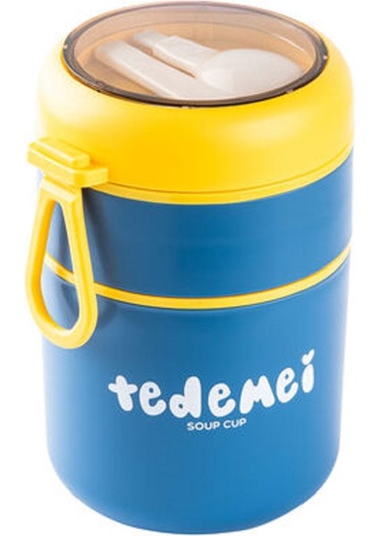 Tedemei Mavi Paslanmaz Çelik Yuvarlak 2 Katlı Gri Plastik Kaşıklı Yemek Taşıma Kabı 710ML