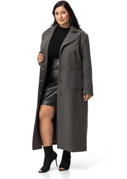 Büyük Beden Ceket Yaka Torba Cepli Astarlı Uzun Gri Kaşe Kaban fiyatları