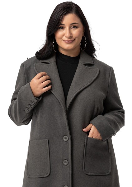 Büyük Beden Ceket Yaka Torba Cepli Astarlı Uzun Gri Kaşe Kaban fırsatları