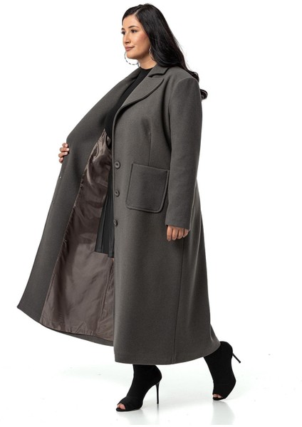 Büyük Beden Ceket Yaka Torba Cepli Astarlı Uzun Gri Kaşe Kaban indirimleri