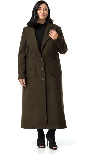 Büyük Beden Ceket Yaka Torba Cepli Astarlı Uzun Haki Kaşe Kaban