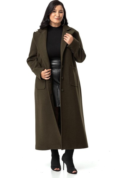 Büyük Beden Ceket Yaka Torba Cepli Astarlı Uzun Haki Kaşe Kaban fiyatları