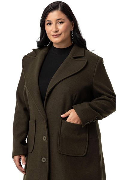 Büyük Beden Ceket Yaka Torba Cepli Astarlı Uzun Haki Kaşe Kaban fırsatları