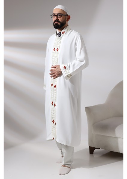 Beyaz Erkek Namaz Elbisesi Desen Işlemeli Hakim Yaka Imam Cübbesi fiyatları