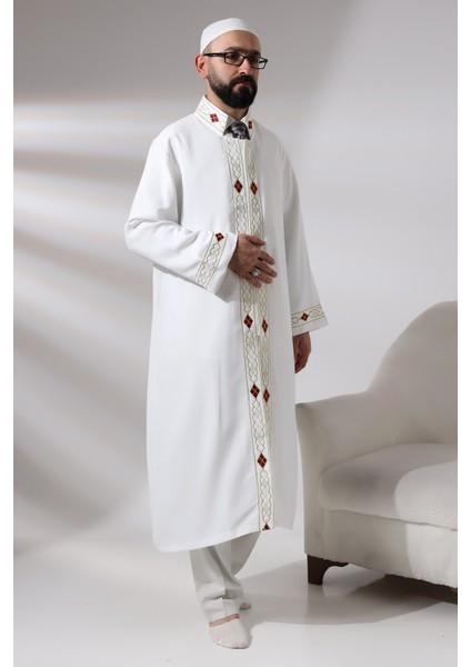 Beyaz Erkek Namaz Elbisesi Desen Işlemeli Hakim Yaka Imam Cübbesi modelleri