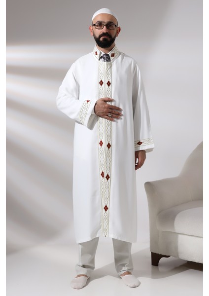 Beyaz Erkek Namaz Elbisesi Desen Işlemeli Hakim Yaka Imam Cübbesi indirimleri