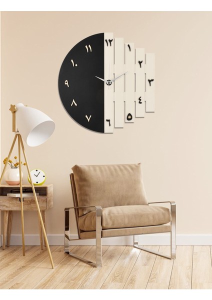 Ahşap lazer kesim siyah duvar saati, modern tasarım, 43 cm çap, kahverengi detaylar