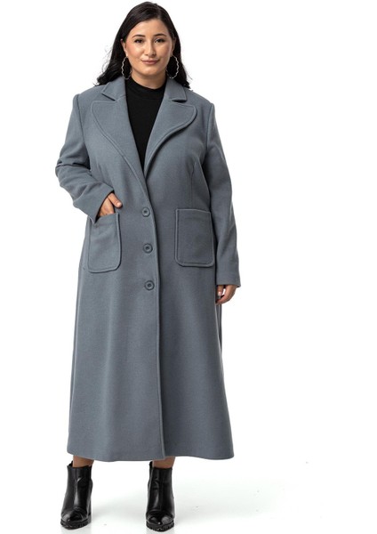 Büyük Beden Ceket Yaka Torba Cepli Astarlı Uzun Mavi Kaşe Kaban