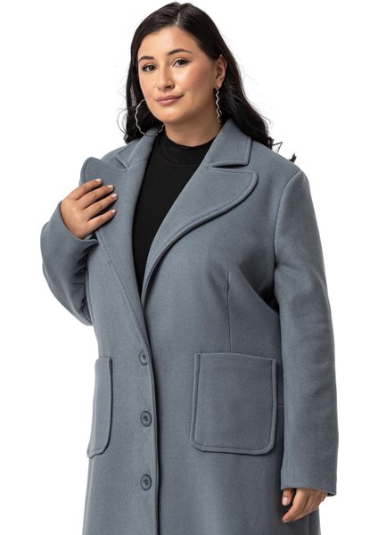 Büyük Beden Ceket Yaka Torba Cepli Astarlı Uzun Mavi Kaşe Kaban fırsatları